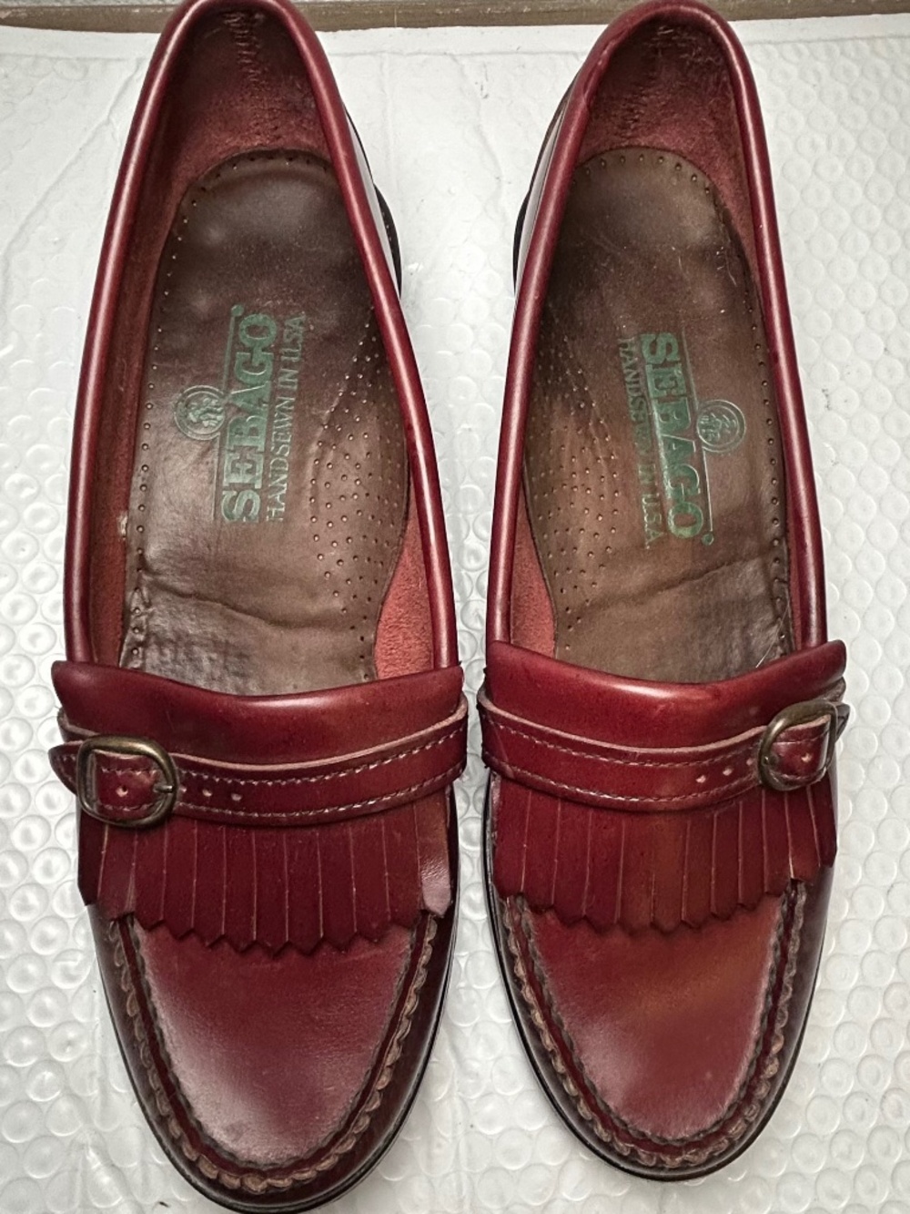 Vtg Sebago Handsewn Loafers Womens Burgundy Leather Kiltie Buckle Strap USA 9.5